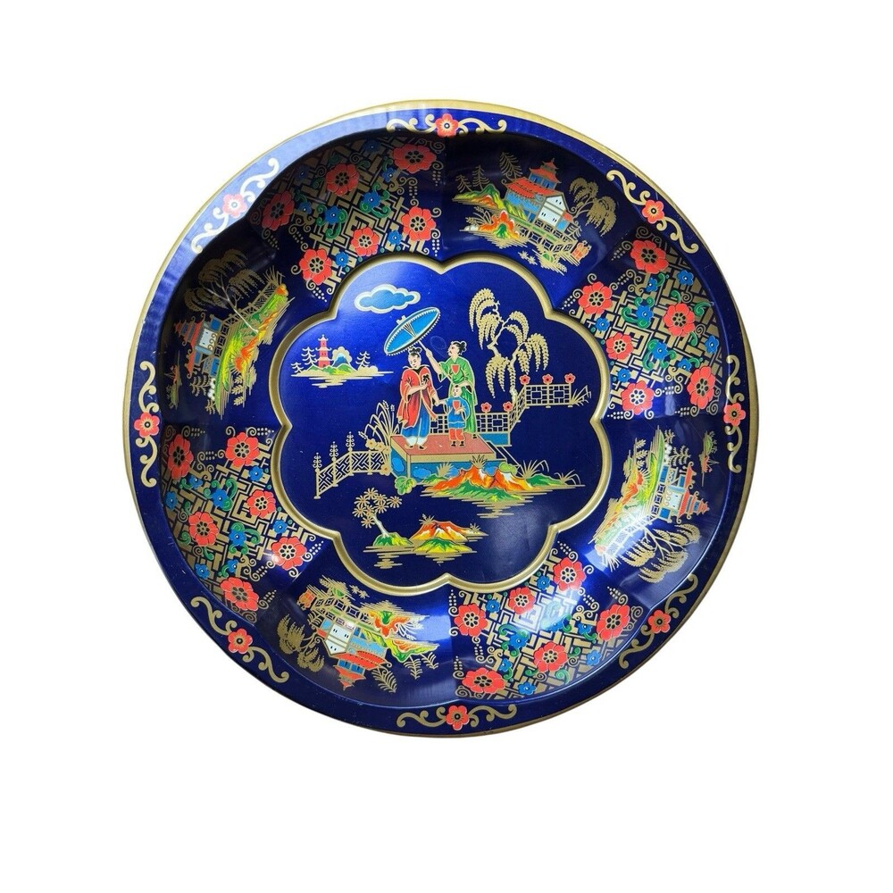 Vintage Daher Decorated Ware Asian Scene Round Tin Bowl Made in England 10"